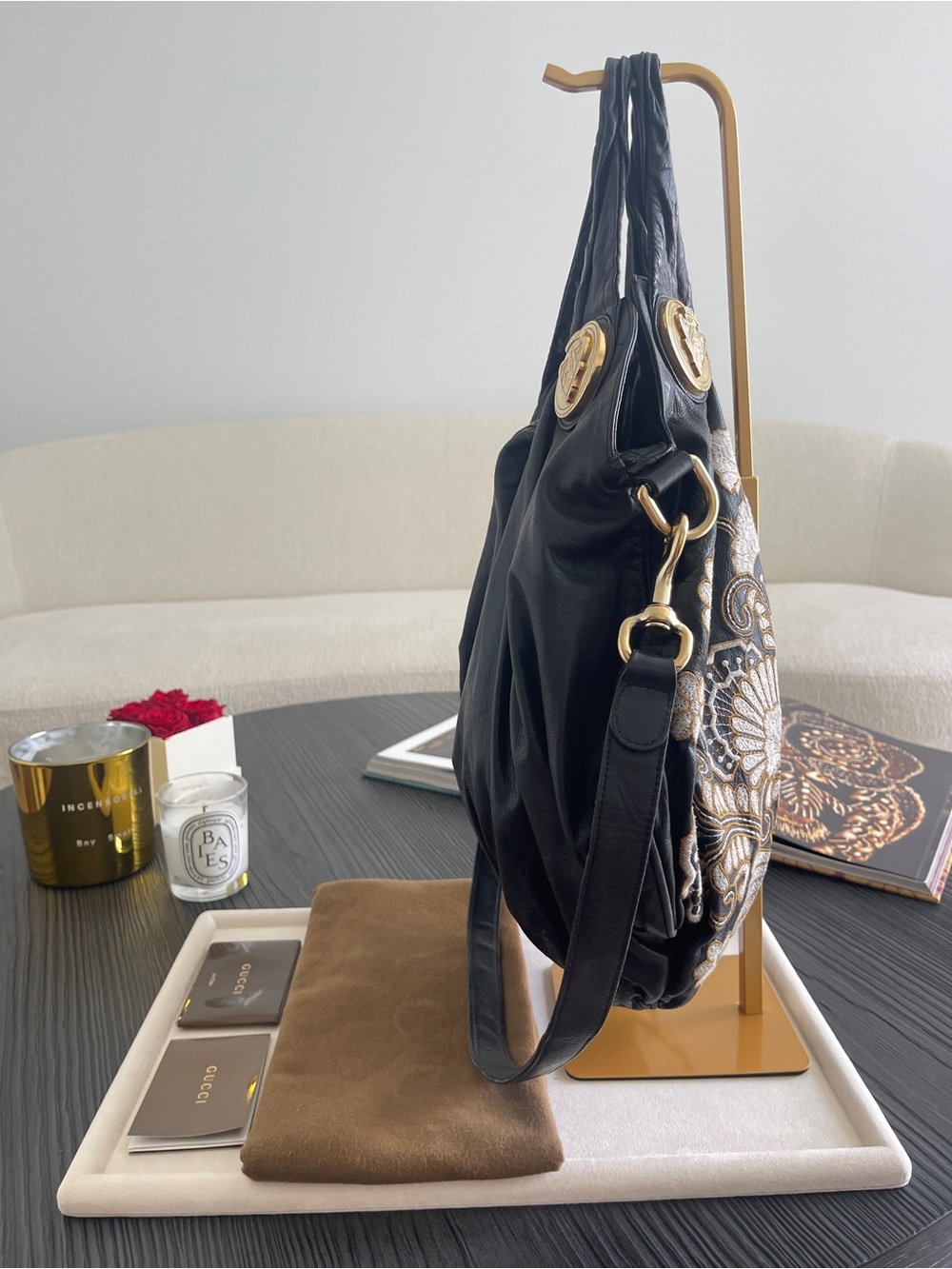 Gucci Hysteria Large Hobo Bag Black Leather Floral Embroidered Vintage $4500 - Picture 12 of 17
